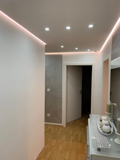 Heller Flur mit modernen, dimmbaren Deckenleuchten und minimalistischem Design.