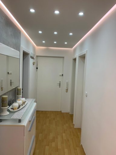 Heller Flur mit Holzfußboden, modernen Wandschränken und indirekter Beleuchtung.